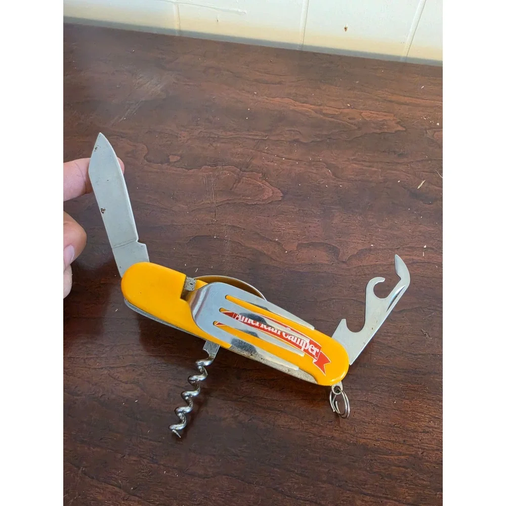American Camper Multi Tool Hobo Knife Set Yellow Fork Spoon Bottle Opener